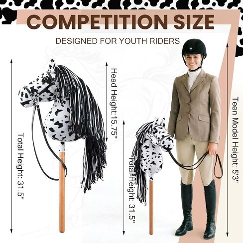Large Hobby Horse, Realistic Head, Long Flowing Mane, Removable Leather Reins, Solid Wooden Stick for Equestrian Training & Competition, Screen-Free Fun for Active Kids(Black and White) in Kuwait