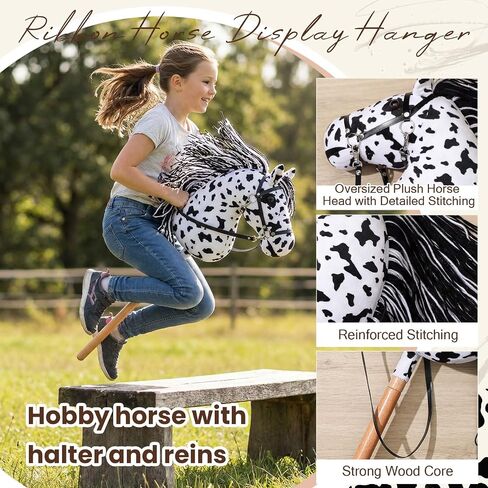 Large Hobby Horse, Realistic Head, Long Flowing Mane, Removable Leather Reins, Solid Wooden Stick for Equestrian Training & Competition, Screen-Free Fun for Active Kids(Black and White) in Kuwait