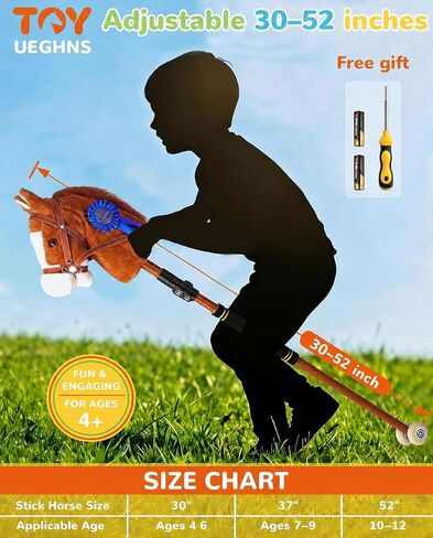 Silent Wheels Stick Horse, Hobby Horse on a Stick for Kids Ages 4-12 Adjustable 30-52" with Illuminated Silent Wheels Comfortable Sponge Wrapped complimentary AA Batteries Realistic Horse neighs. in Kuwait