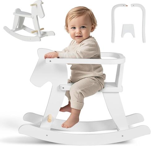 labebe - Wooden Rocking Horse, Baby Wooden Ride On Toys for 12M+, Classic Rocker Toy with Removable Fence, Toddler Riding Toy Indoor/Outdoor, Nursery Birthday Gift (Natural) in Kuwait