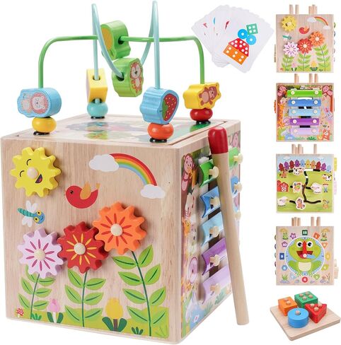 Wooden Activity Cube | Montessori Toys for 1 2 3 Year Old Toddlers | One Year Old 1st First Birthday Gift | Educational Toys for 12+ Months Baby Boys Girls | Bonus Sorting & Stacking Game (Pink) in Kuwait