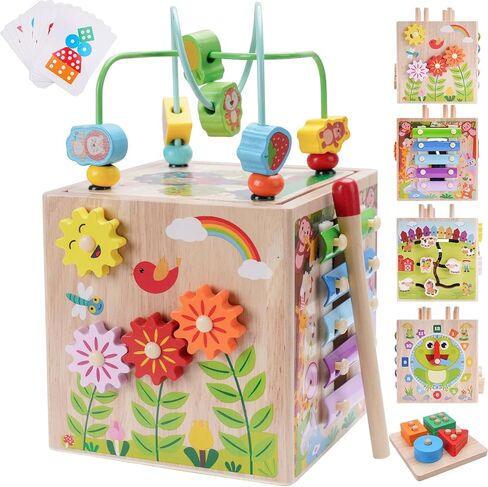 Wooden Activity Cube | Montessori Toys for 1 2 3 Year Old Toddlers | One Year Old 1st First Birthday Gift | Educational Toys for 12+ Months Baby Boys Girls | Bonus Sorting & Stacking Game (Pink) in Saudi Arabia