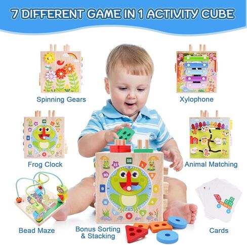 Wooden Activity Cube | Montessori Toys for 1 2 3 Year Old Toddlers | One Year Old 1st First Birthday Gift | Educational Toys for 12+ Months Baby Boys Girls | Bonus Sorting & Stacking Game (Pink) in Saudi Arabia