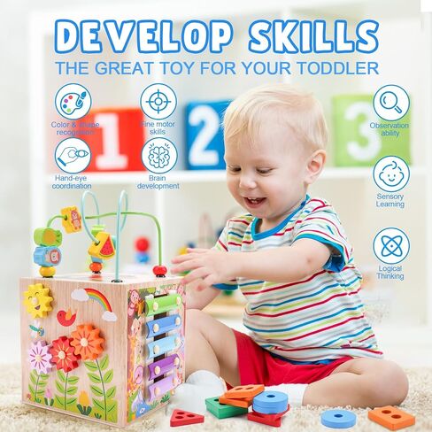 Wooden Activity Cube | Montessori Toys for 1 2 3 Year Old Toddlers | One Year Old 1st First Birthday Gift | Educational Toys for 12+ Months Baby Boys Girls | Bonus Sorting & Stacking Game (Pink) in Saudi Arabia