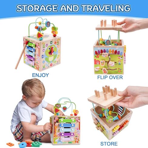 Wooden Activity Cube | Montessori Toys for 1 2 3 Year Old Toddlers | One Year Old 1st First Birthday Gift | Educational Toys for 12+ Months Baby Boys Girls | Bonus Sorting & Stacking Game (Pink) in Saudi Arabia