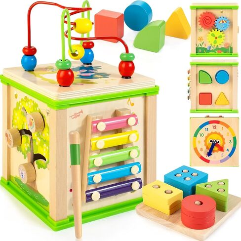 WOODMAM Wooden 7-in-1 Activity Cube| Montessori Toys for 1 Year Old Toddlers| Baby Educational Developmental Toys |One Year Old Boys Girls First Birthday Gifts |Bonus Sorting & Stacking Board in Kuwait
