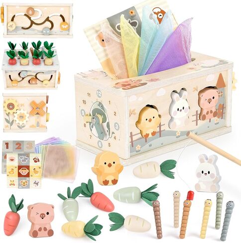 Joyreal 8-in-1 Montessori Tissue Box Toy for Baby 12 Months - Neutral Color Wooden Activity Cube for Boys and Girls First Birthday Gifts - Sensory Toy for Toddlers 1-3 Preschool Learning Education in Kuwait