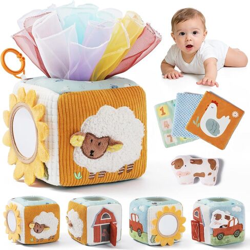 let's make Baby Tissue Box Toy, Farm Montessori Sensory Toys 6-12 Months, Play Silks & Crinkle Tissues with 3D Corduroy, Mirror, Squeaky Cow & Travel Clip - Fine Motor Skills Baby Girl Boy Gifts in Saudi Arabia