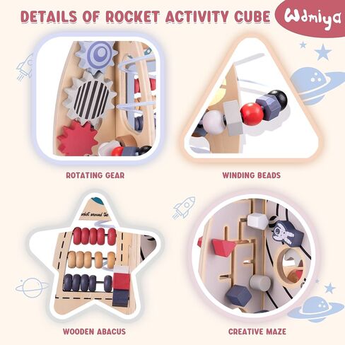 Wdmiya Space Wood Activity Cube Toy for Baby, Montessoritoys for 1 Year Old | Boy & Girl Birthday Gifts, Sensory and Educational 1st Birthday Gifts, Busy Board Toys for Baby Boy 6-18 Months (Rocket) in Saudi Arabia