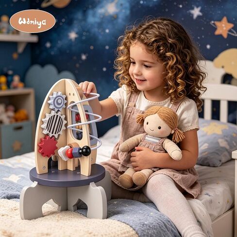 Wdmiya Space Wood Activity Cube Toy for Baby, Montessoritoys for 1 Year Old | Boy & Girl Birthday Gifts, Sensory and Educational 1st Birthday Gifts, Busy Board Toys for Baby Boy 6-18 Months (Rocket) in Saudi Arabia