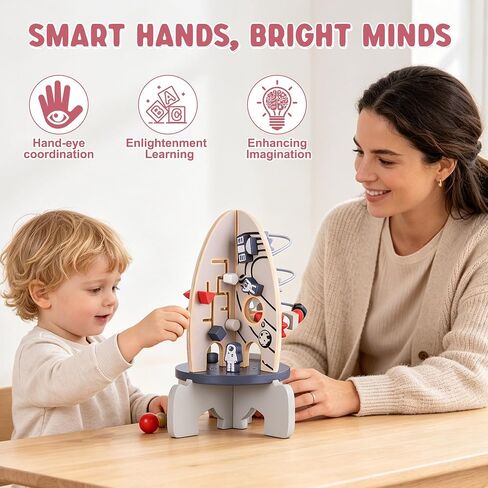 Wdmiya Space Wood Activity Cube Toy for Baby, Montessoritoys for 1 Year Old | Boy & Girl Birthday Gifts, Sensory and Educational 1st Birthday Gifts, Busy Board Toys for Baby Boy 6-18 Months (Rocket) in Saudi Arabia