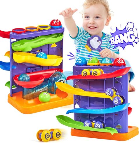 hahaland Ball Drop Toys for 1 Year Old, 2 in 1 Pound a Ball & Car Ramp | Montessori Toys for 1 Year Old, Cause and Effect Toys with 4 Balls, 4 Cars & Squeaky Hammer, Toddler Birthday Gift 12M+ in Kuwait