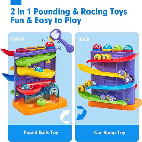 hahaland Ball Drop Toys for 1 Year Old, 2 in 1 Pound a Ball & Car Ramp | Montessori Toys for 1 Year Old, Cause and Effect Toys with 4 Balls, 4 Cars & Squeaky Hammer, Toddler Birthday Gift 12M+ in Kuwait