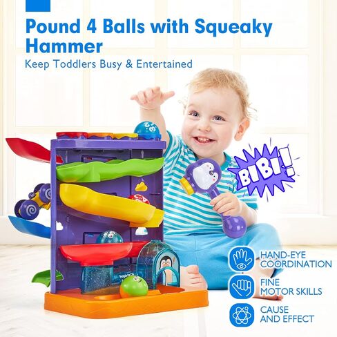 hahaland Ball Drop Toys for 1 Year Old, 2 in 1 Pound a Ball & Car Ramp | Montessori Toys for 1 Year Old, Cause and Effect Toys with 4 Balls, 4 Cars & Squeaky Hammer, Toddler Birthday Gift 12M+ in Kuwait