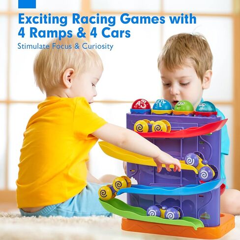 hahaland Ball Drop Toys for 1 Year Old, 2 in 1 Pound a Ball & Car Ramp | Montessori Toys for 1 Year Old, Cause and Effect Toys with 4 Balls, 4 Cars & Squeaky Hammer, Toddler Birthday Gift 12M+ in Kuwait