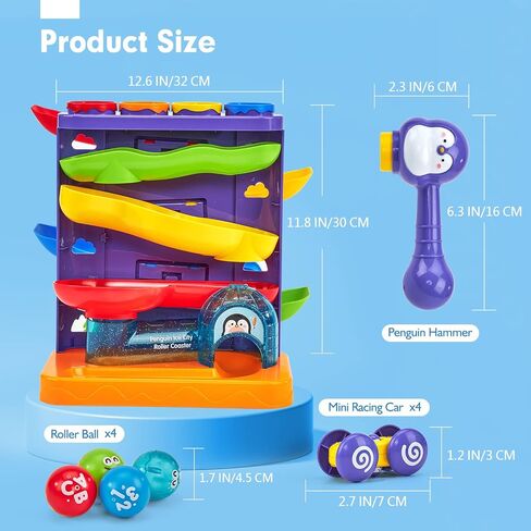 hahaland Ball Drop Toys for 1 Year Old, 2 in 1 Pound a Ball & Car Ramp | Montessori Toys for 1 Year Old, Cause and Effect Toys with 4 Balls, 4 Cars & Squeaky Hammer, Toddler Birthday Gift 12M+ in Kuwait