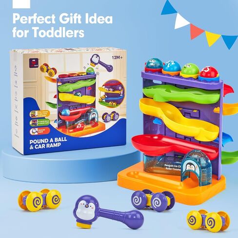 hahaland Ball Drop Toys for 1 Year Old, 2 in 1 Pound a Ball & Car Ramp | Montessori Toys for 1 Year Old, Cause and Effect Toys with 4 Balls, 4 Cars & Squeaky Hammer, Toddler Birthday Gift 12M+ in Kuwait