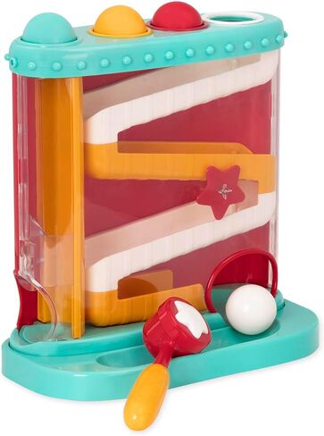 Battat Pound-a-Ball Toy, Pound & Roll Ball Maze, Light Blue, Toddler | 7-piece ball drop toy with mini hammer, color-coded openings, removable base, inside storage, fully assembled, 1+ Years in Kuwait