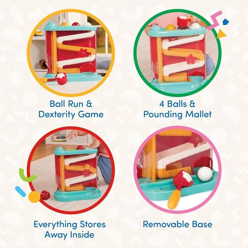 Battat Pound-a-Ball Toy, Pound & Roll Ball Maze, Light Blue, Toddler | 7-piece ball drop toy with mini hammer, color-coded openings, removable base, inside storage, fully assembled, 1+ Years in Kuwait