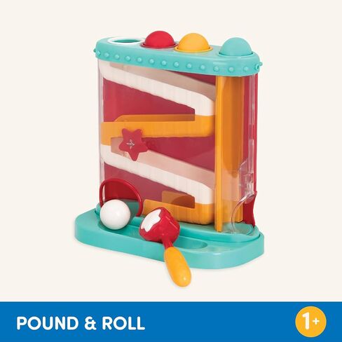 Battat Pound-a-Ball Toy, Pound & Roll Ball Maze, Light Blue, Toddler | 7-piece ball drop toy with mini hammer, color-coded openings, removable base, inside storage, fully assembled, 1+ Years in Kuwait