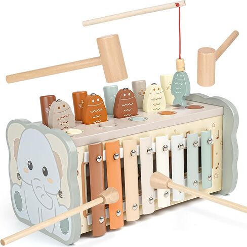 Joyreal Wooden Montessori Toys for 1 Year Old - Hammering Pounding Toy with Xylophone & Fishing Game - Educational Toddler Activities for 1 2 3 Year Old Christmas Birthday Gifts in Kuwait