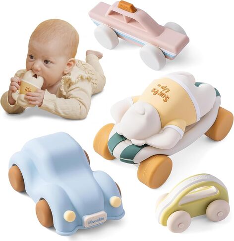 Moonkie Food Grade Silicone Toy Cars for Babies & Toddlers, Push and Go Baby Car Toys 6–12 Months, Hollow Design Infant Toys, Baby Teething Toys 4–6 Months, Birthday Gifts for Boys & Girls, 3 Pack in Kuwait