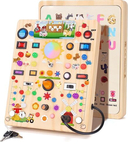 Busy Board with 19 LED Light Switches, Montessori Toys for 1 2 3 Years Old, Wooden Sensory Board, Toddlers Activity Travel Toys for 1 2 3 Year Old Boy & Girl Birthday Gift (Big) in Kuwait