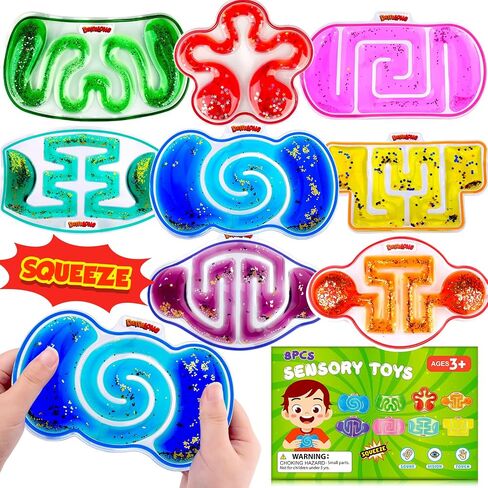 Squishy Sensory Toys for Kids: 4 Pack Fidget Sensory Maze for Autism | Stress Relief Toys for Calm Down, Squeeze Fidget Toy Filled Goo, Glitter, Prizes for Kids Classroom, Goodie Bags Stuffers in Kuwait