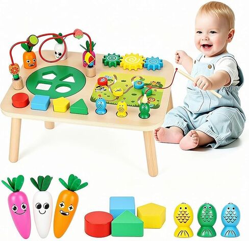 Activity Table, Montessori Toys for 1 2 Year Old Girls Boy Gifts, 7 in 1 Wooden Sensory Play Table for Toddler 1 2 3, Learning Toys for Baby 12-18 Months 1st Christmas Birthday Gifts in Kuwait