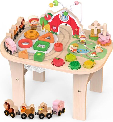 Kids Wooden Farm Activity Table for 1 2 3 Years Old, Montessori Learning Toy with Bead Maze, Shape Sorter & Animal Train, Sensory Development Toy for Toddlers, Educational Gift for Baby Boys Girls 1+ in Kuwait