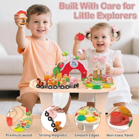 Kids Wooden Farm Activity Table for 1 2 3 Years Old, Montessori Learning Toy with Bead Maze, Shape Sorter & Animal Train, Sensory Development Toy for Toddlers, Educational Gift for Baby Boys Girls 1+ in Kuwait