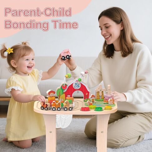 Kids Wooden Farm Activity Table for 1 2 3 Years Old, Montessori Learning Toy with Bead Maze, Shape Sorter & Animal Train, Sensory Development Toy for Toddlers, Educational Gift for Baby Boys Girls 1+ in Kuwait
