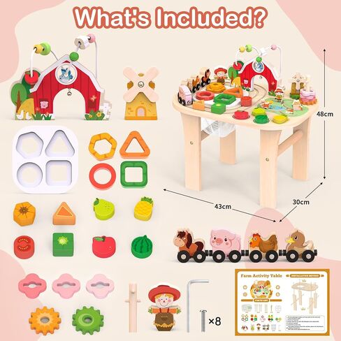 Kids Wooden Farm Activity Table for 1 2 3 Years Old, Montessori Learning Toy with Bead Maze, Shape Sorter & Animal Train, Sensory Development Toy for Toddlers, Educational Gift for Baby Boys Girls 1+ in Kuwait