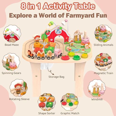 Kids Wooden Farm Activity Table for 1 2 3 Years Old, Montessori Learning Toy with Bead Maze, Shape Sorter & Animal Train, Sensory Development Toy for Toddlers, Educational Gift for Baby Boys Girls 1+ in Kuwait