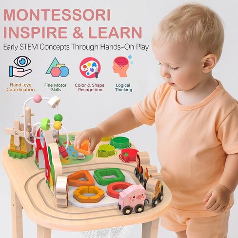 Kids Wooden Farm Activity Table for 1 2 3 Years Old, Montessori Learning Toy with Bead Maze, Shape Sorter & Animal Train, Sensory Development Toy for Toddlers, Educational Gift for Baby Boys Girls 1+ in Kuwait