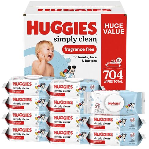 Huggies Simply Clean Unscented Baby Diaper Wipes, 11 Flip-Top Packs (704 Wipes Total), Packaging May Vary in Kuwait
