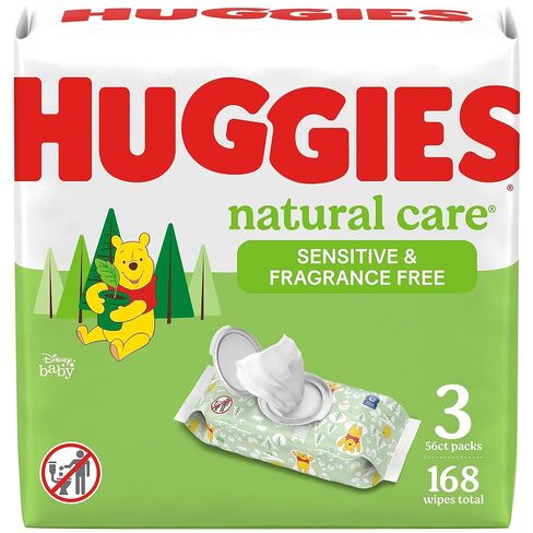 Huggies Natural Care Sensitive Baby Wipes, Unscented, Hypoallergenic, 99% Purified Water, 12 Flip-Top Packs (768 Wipes Total), Packaging May Vary in Kuwait