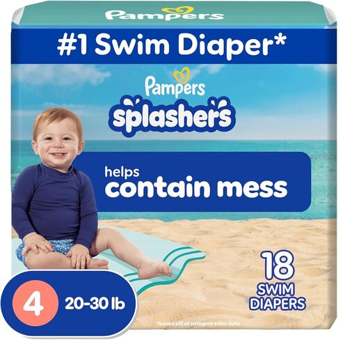 Pampers Swim Diapers - Splashers - Size 4, 18 Count, Gap-Free Disposable Baby Swimming Pants in Kuwait