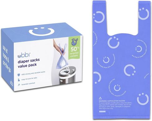 Ubbi Disposable Baby Diaper Sacks, Lavender Scented, 200 Count | Easy-To-Tie Tabs, Made from 50% Recycled Material, Disposable On-The-Go Bags, Diaper Bag and Travel Essential in Kuwait