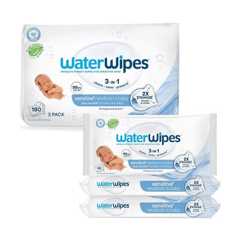 WaterWipes Sensitive+ Newborn & Baby Wipes, 3-In-1 Cleans, Cares, Protects, 99.9% Water, Unscented & Hypoallergenic, 720 Count (12 Packs) in Saudi Arabia