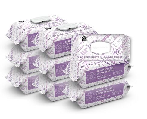 Amazon Elements Baby Wipes, Sensitive, Unscented, Cleans Gently, 810 Count, Flip-Top Packs, Pack of 9 in Kuwait