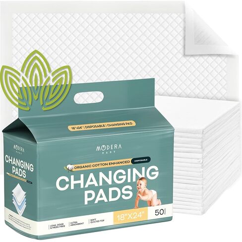 Organic Cotton Enhanced Disposable Changing Pad Liners | Large 18x24 Hypoallergenic Ultra Absorbent Waterproof Super Soft Quilted Underpads for Baby Diaper Table/Travel, Leak Proof, Mess Free 50-Pack in Saudi Arabia