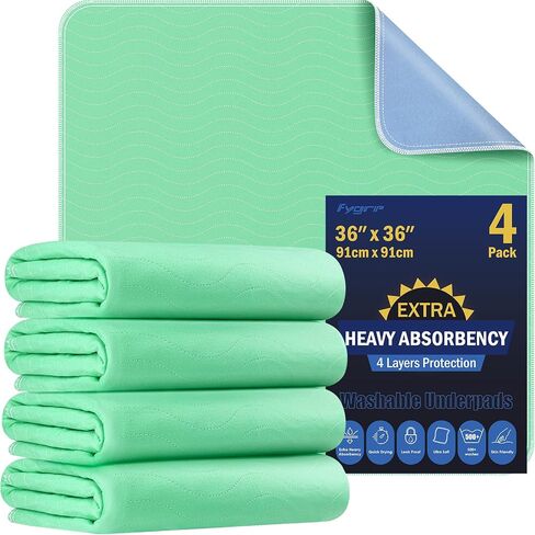 FYGRIP 4 Pack 36" x 36" Extra Heavy Absorbency Washable Underpads, Waterproof Quick Drying Nursing Incontinence Reusable Washable Bed Pee Pads for Dogs, Diaper Changing & Adults, Green in Saudi Arabia