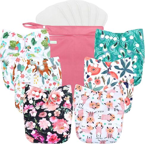 wegreeco Cloth Diapers 6 Pack with 6 Inserts & 1 Wet Bag, Washable Cloth Diapers for Babies, One Size Adjustable Reusable (Flower) in Kuwait