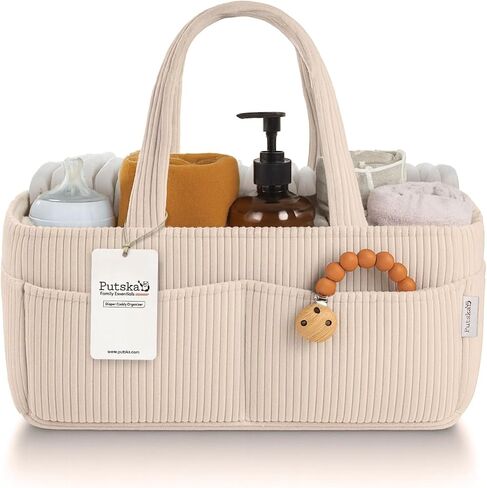 PUTSKA Baby Diaper Caddy Organizer for Changing Table – Stylish Nursery Storage Basket, Newborn Essentials, Baby Shower Gifts and Registry Must-Haves for Boy or Girl, Car Diaper Caddy, Corduroy Cream in Kuwait