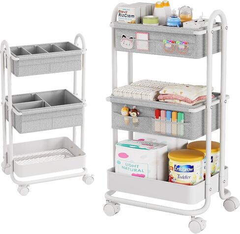 Modanais Baby Diaper Caddy Organizer Cart - 3 Tier Rolling Cart, Off White | Lockable Wheels, Baby Essentials Nursery Storage, Detachable Dividers - for Crib, Bedroom, Art & Craft Organizer in Kuwait