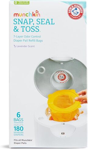 Munchkin Arm & Hammer Diaper Pail Refill Bags, Snap, Seal, Toss Disposable Diaper Trash Bags, Lavender Scented, 20 Pack, Holds up to 600 Newborn Diapers in Kuwait