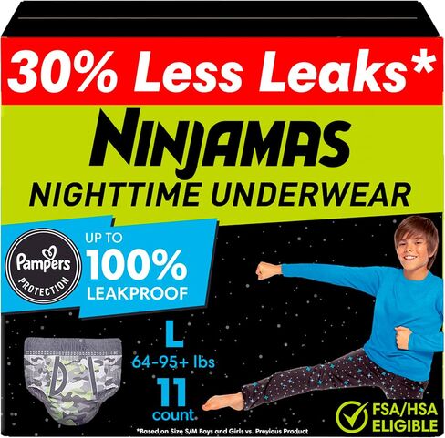 Ninjamas Boys Bedwetting Nighttime Underwear, Size S/M (38-70 lbs), 44 Count, Overnight Protection, Ultra Absorbent, Hypoallergenic in Kuwait