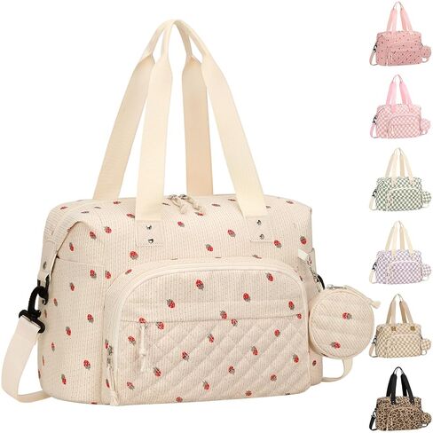 Tenot Diaper Bag Tote, Baby Bag with Pacifier Case Beige Strawberry | Corduroy, Large Capacity, Travel Diaper Bag with Shoulder Straps for Mom, Dad, Baby Girl Boy, Maternity Hospital Bag in Saudi Arabia
