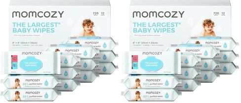Momcozy Baby Wipes Plus Wipes –Size, Thickness, Moisture, Softness & Scenario Plus, 99% Water-Based Wet Wipes, Unscented & Hypoallergenic, Gentle for Sensitive Skin, 720 Count (12 Packs) in Kuwait